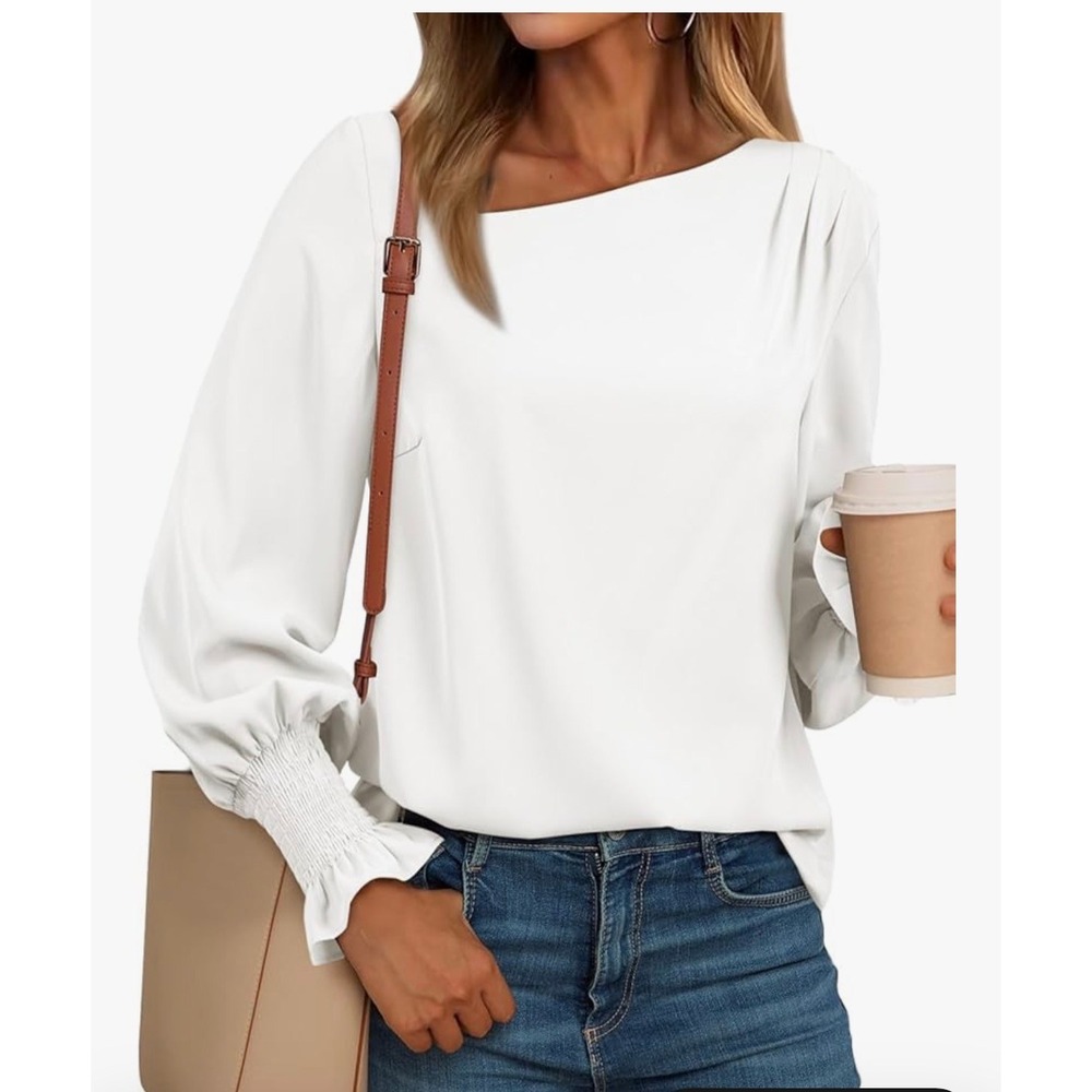 Evaless Womens White Asymmetrical Neckline Blouse Smocked Cuff Size M NWT